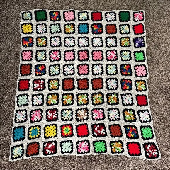 Vintage Other - Colorful black/cream granny square blanket
